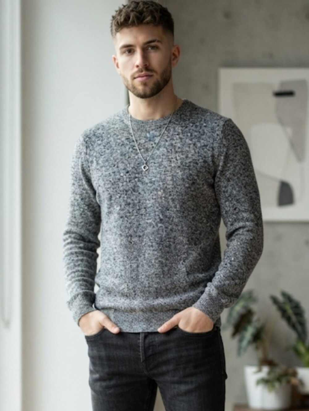 New ZARA black and white marled crewneck sweater textured knit Size Small
